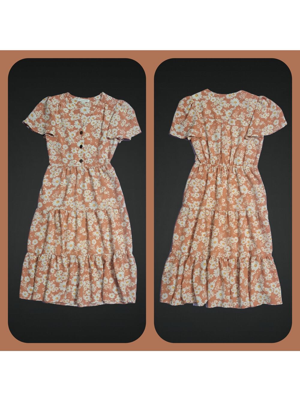 Monteau Los Angeles Boho Orange 3 Tier V Neck Dress w/ Daisy Print Size Small